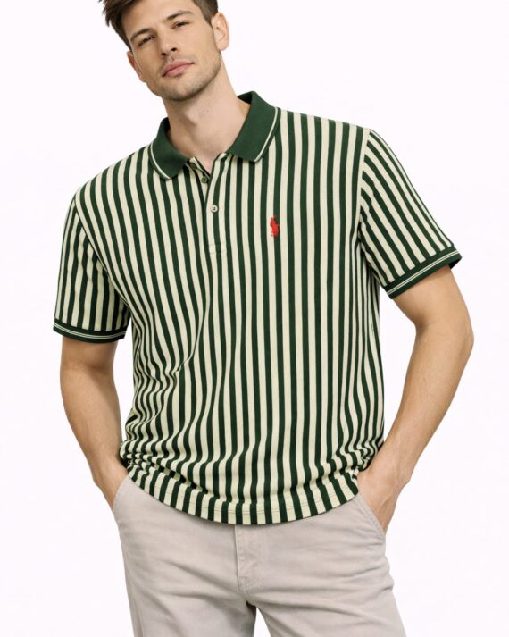 Classic Green & Cream Vertical Stripe Matty Polo