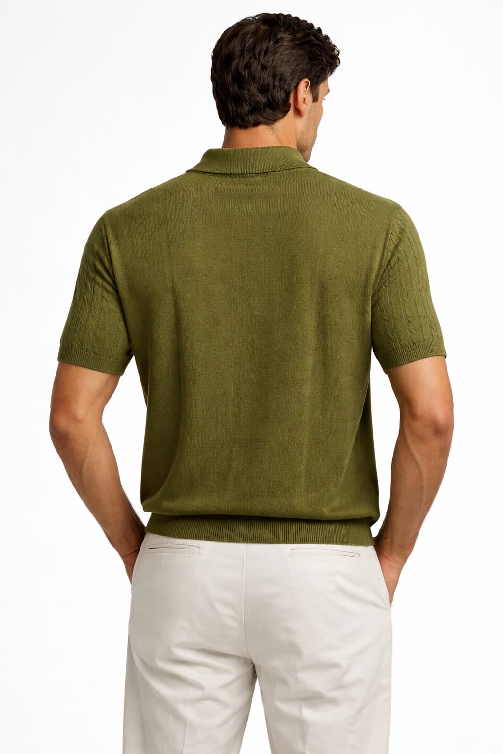 Olive Green Cable-Knit Polo T-Shirt – Heritage Old Money Edition - Image 2