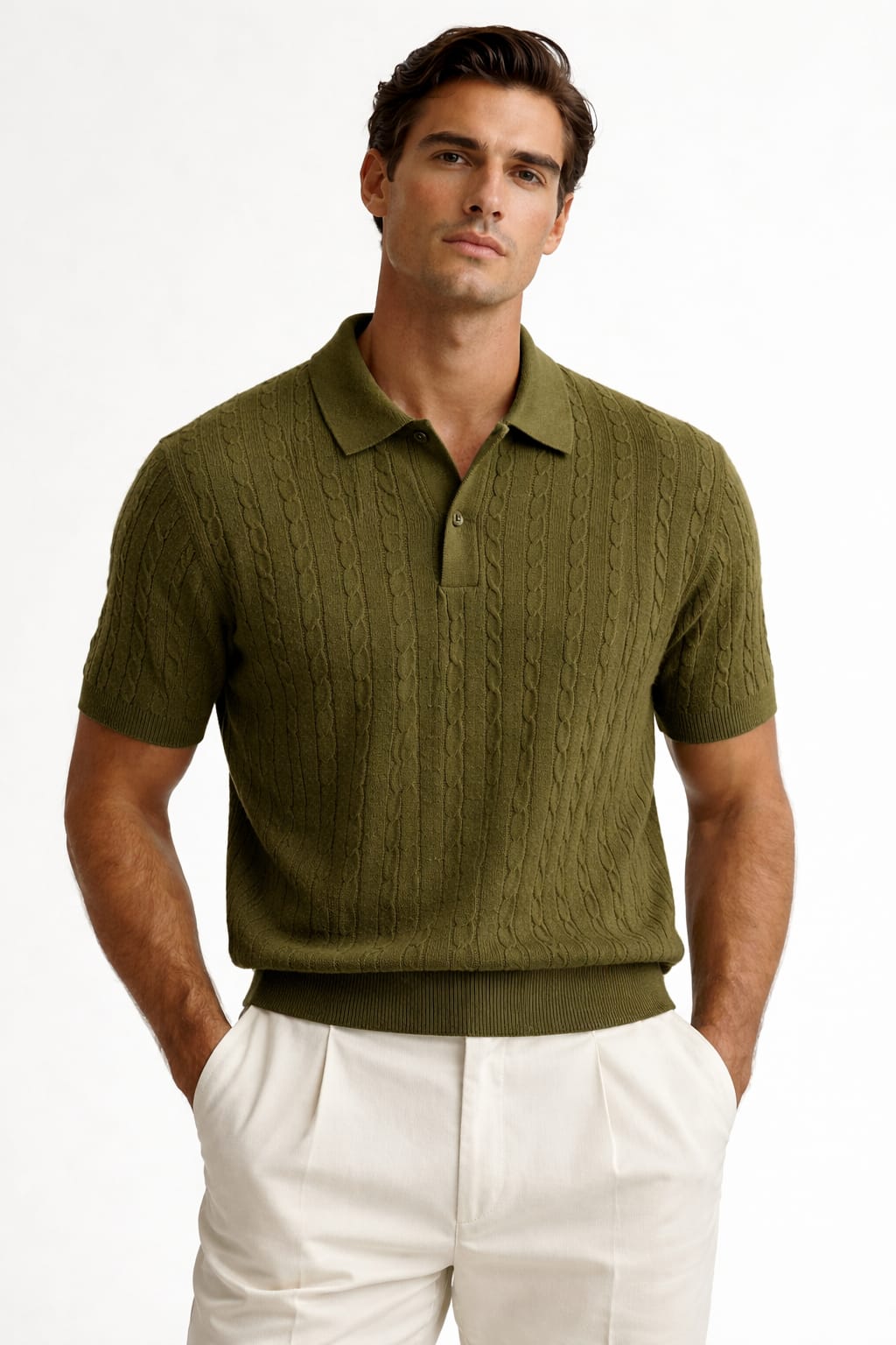 Olive Green Cable-Knit Polo T-Shirt – Heritage Old Money Edition