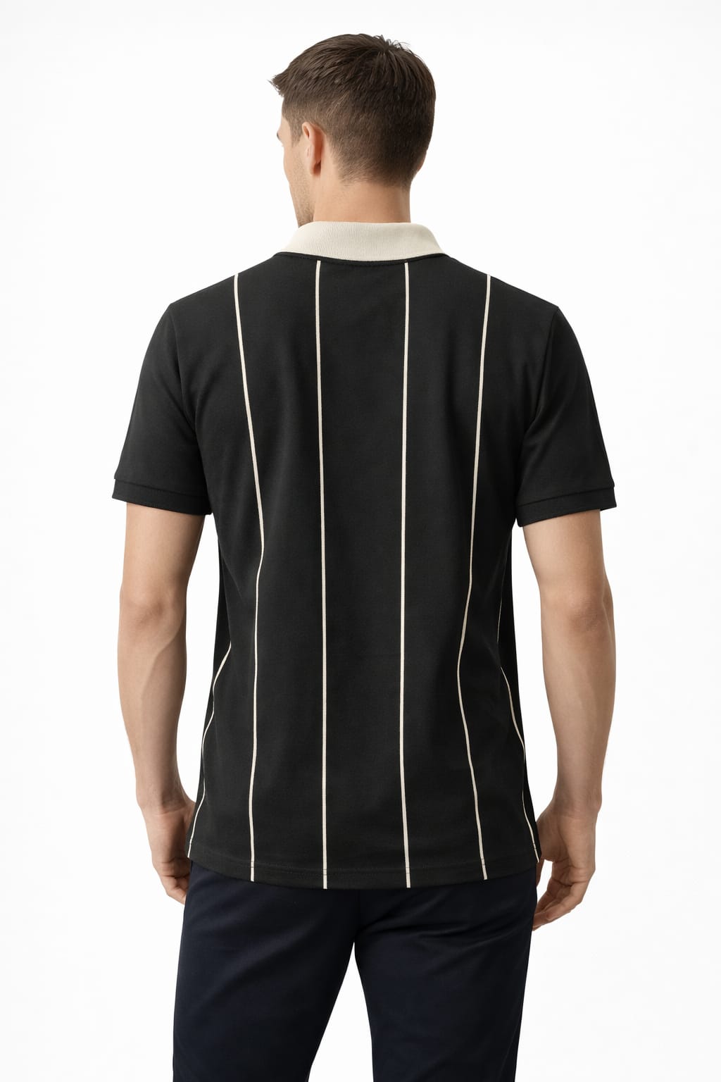 Premium Black Stripe Polo T-Shirt with Contrast Collar - Image 2