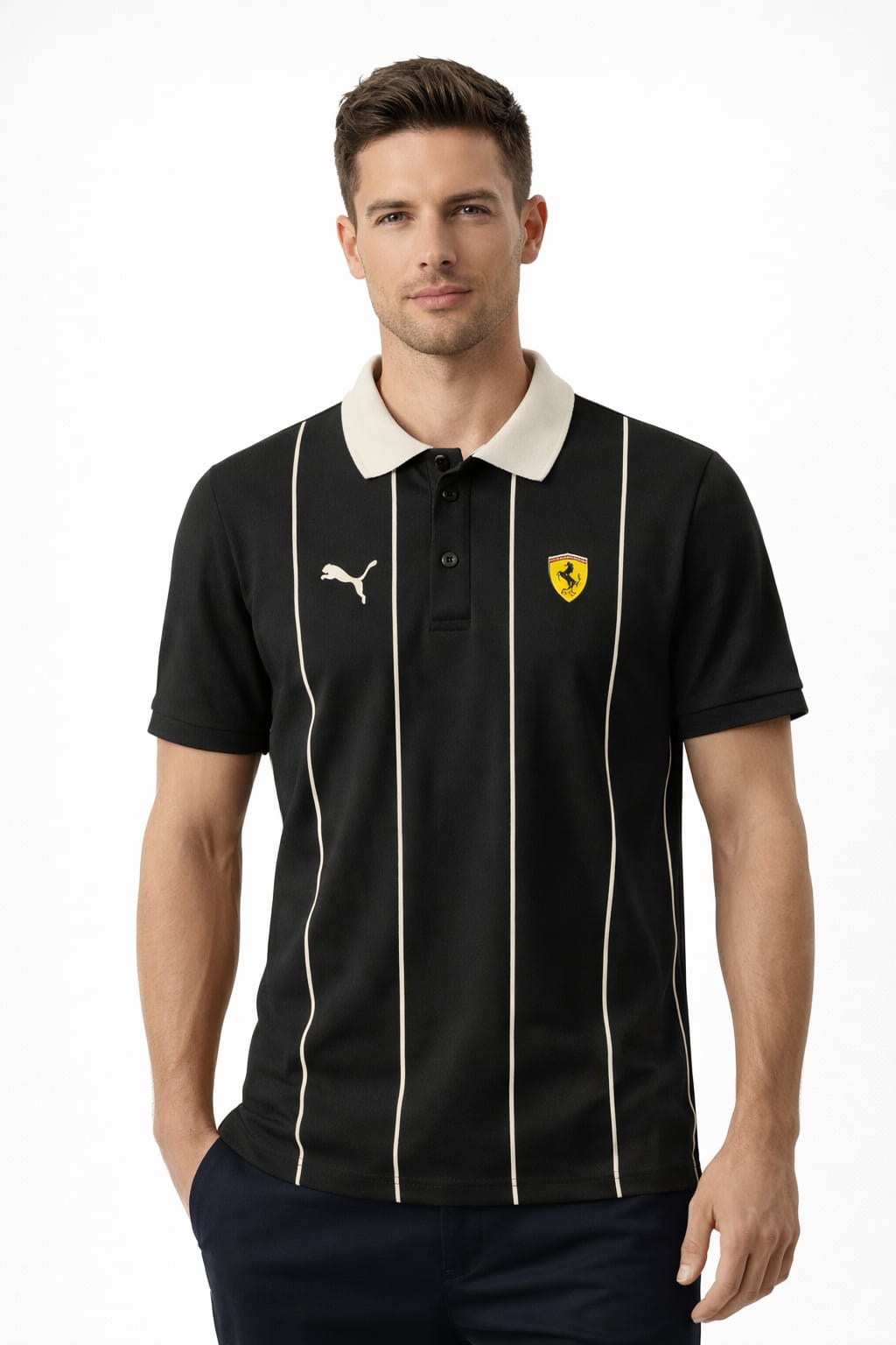 Premium Black Stripe Polo T-Shirt with Contrast Collar