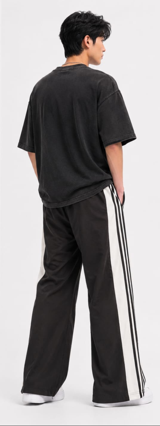 Men’s Black Wide-Leg Track Pants with Side Stripes – Retro Streetwear Joggers - Image 2