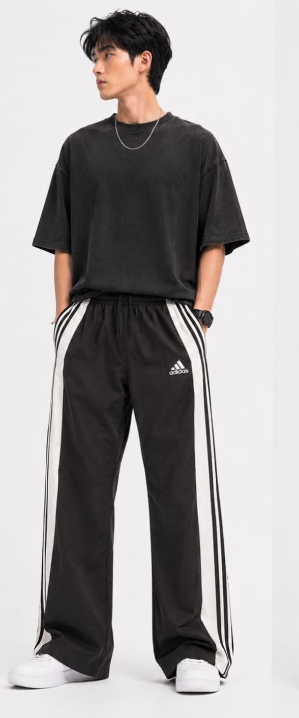 Men’s Black Wide-Leg Track Pants with Side Stripes – Retro Streetwear Joggers