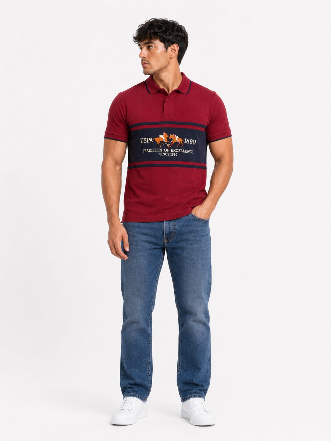USPA Heritage Signature Chest Panel Polo T-Shirt – Burgundy & Navy