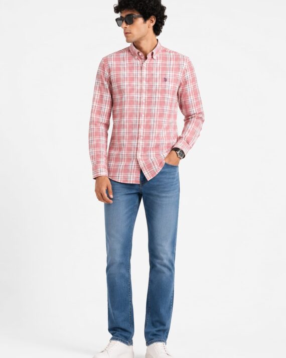 Men’s Blush Pink Plaid Button-Down Casual Shirt