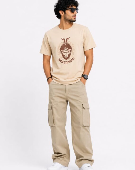 Men’s Beige Sun Wukong Graphic Printed T-Shirt