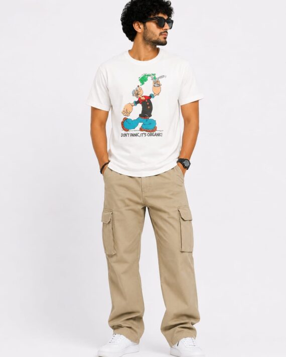 Men’s White Popeye Graphic Printed T-Shirt – "Don’t Panic, It’s Organic"