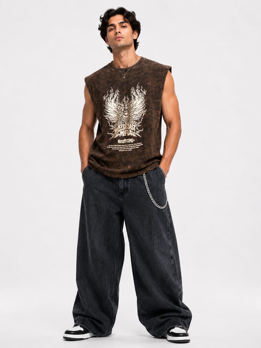 Men's Vintage Acid Wash Oversized Sleeveless Eagle Graphic T-Shirt – Brown