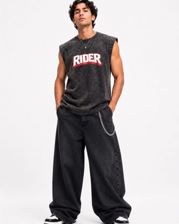 Men's Vintage Acid Wash Oversized Sleeveless "RIDER" Graphic T-Shirt – Charcoal Black