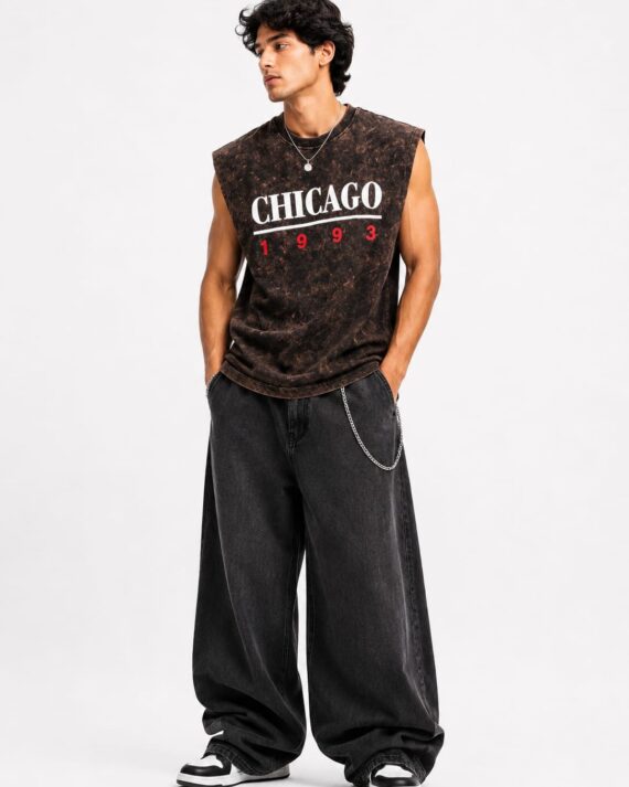 Men's Vintage Acid Wash Oversized Sleeveless Chicago 1993 Graphic T-Shirt – Brown