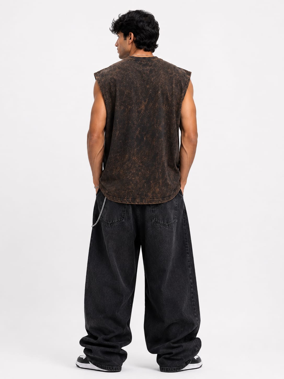 Vintage Acid Wash Oversized Sleeveless Flame Graphic T-Shirt – Brown - Image 2