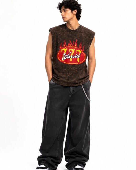 Vintage Acid Wash Oversized Sleeveless Flame Graphic T-Shirt – Brown