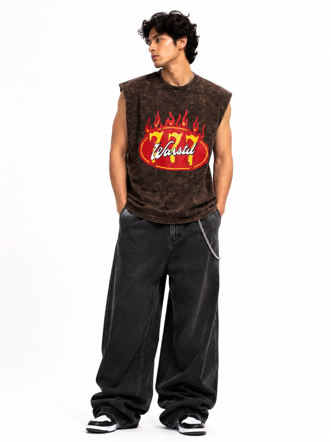Vintage Acid Wash Oversized Sleeveless Flame Graphic T-Shirt – Brown