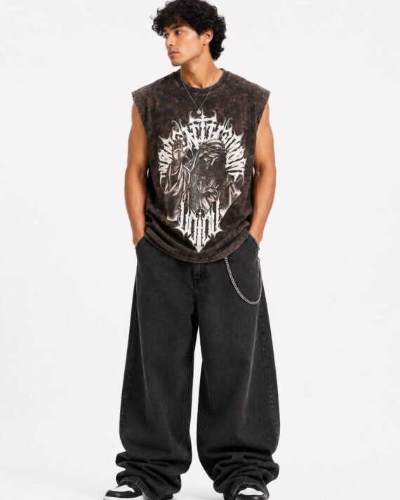 BUFFERLY Vintage Acid Wash Oversized Sleeveless Graphic T-Shirt – Brown