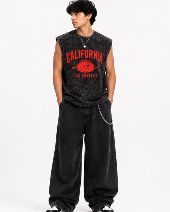 BUFFERLY California Acid Wash Oversized Sleeveless T-Shirt – Black
