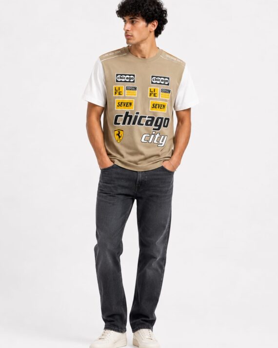 Chicago City Racing Graphic Premium Cotton T-Shirt – Beige & White