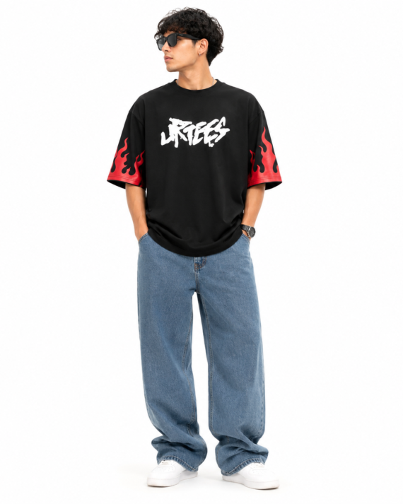 Bold Flames Oversized Graphic T-Shirt – Black
