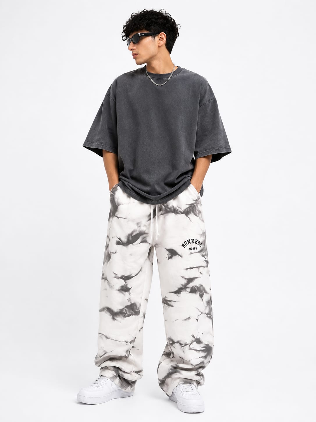 Bonkers Tie-Dye Baggy Joggers – White & Grey