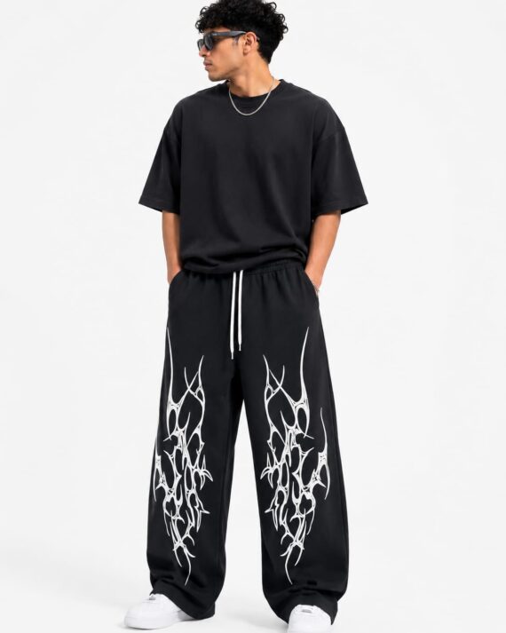 Tribal Flame Graphic Baggy Joggers – Black